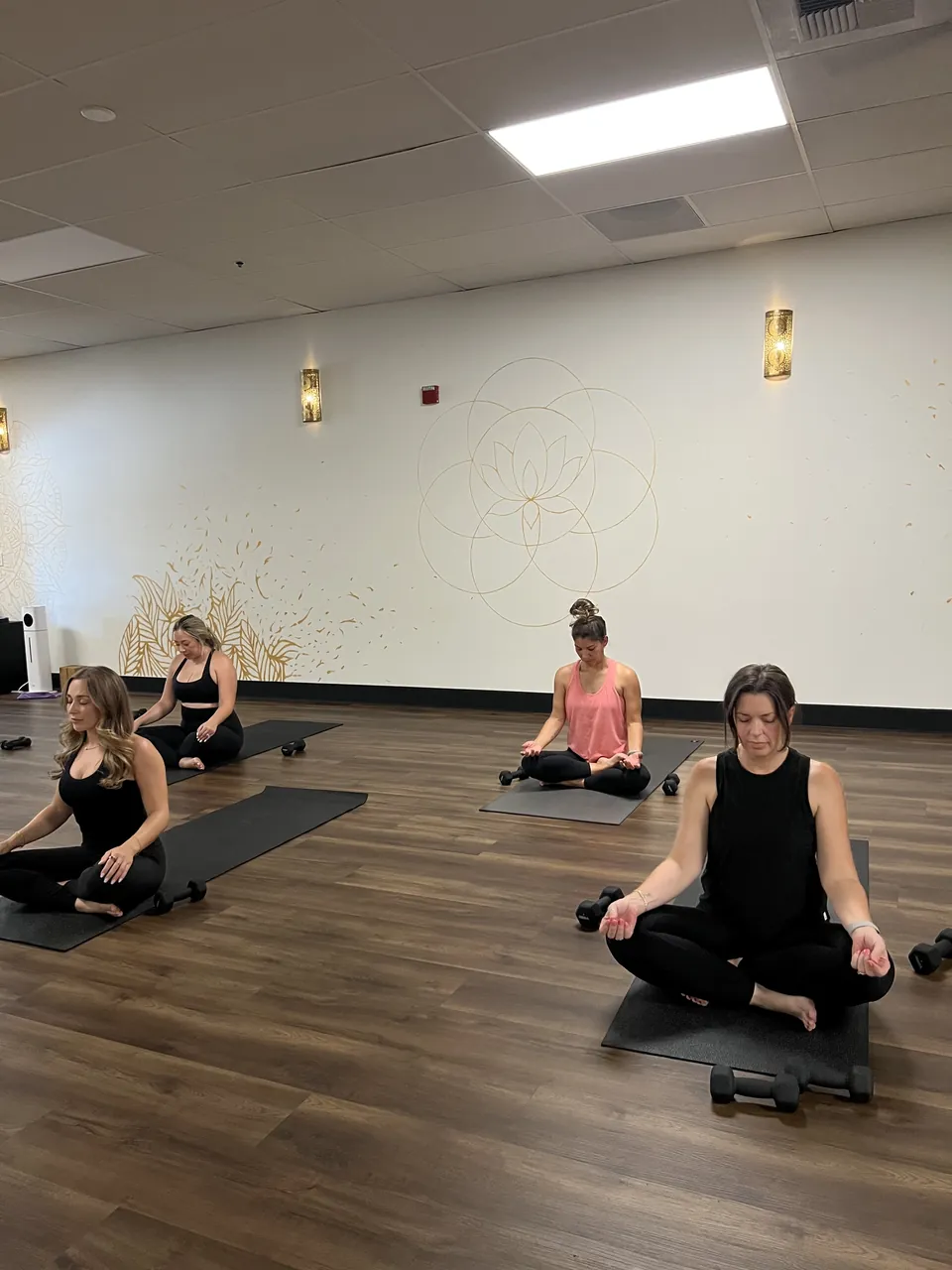 Members seated on mats during a guided lymphatic roller recovery session